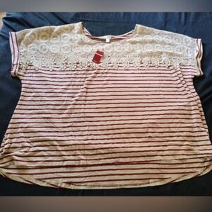 Avenue Top NWT Size 30-32 Beautiful Neckline Shoulder Pattern DK Red White